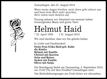 Anzeige von Helmut Haid von Reutlinger Generalanzeiger