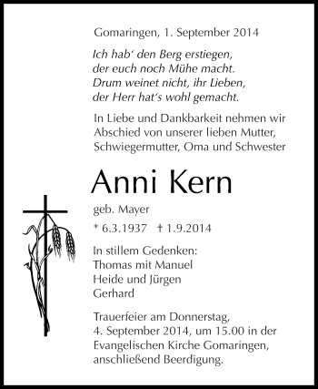 Anzeige von Anni Kern von Reutlinger Generalanzeiger