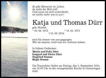 Anzeige von Katja und Thomas Dürr von Reutlinger Generalanzeiger