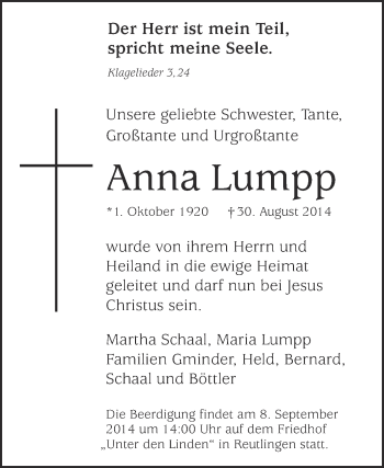 Anzeige von Anna Lumpp von Reutlinger Generalanzeiger