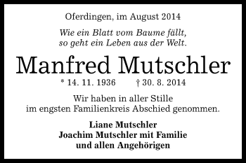 Anzeige von Manfred Mutschler von Reutlinger Generalanzeiger