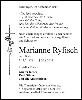 Anzeige von Marianne Ryfisch von Reutlinger Generalanzeiger