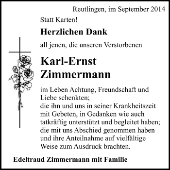 Anzeige von Karl-Ernst Zimmermann von Reutlinger Generalanzeiger