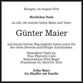 Anzeige von Günter Maier von Reutlinger Generalanzeiger