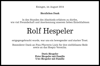 Anzeige von Rolf Hespeler von Reutlinger Generalanzeiger