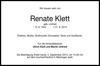 Anzeige von Renate Klett von Reutlinger Generalanzeiger