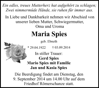 Anzeige von Maria Spies von Reutlinger Generalanzeiger