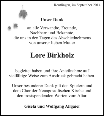 Anzeige von Lore Birkholz von Reutlinger Generalanzeiger