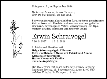 Anzeige von Erwin Schraivogel von Reutlinger Generalanzeiger