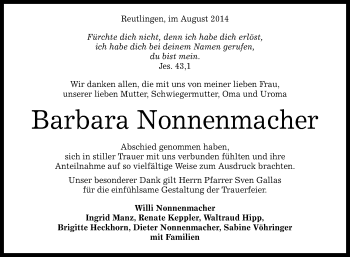 Anzeige von Barbara Nonnenmacher von Reutlinger Generalanzeiger