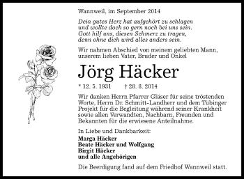 Anzeige von Jörg Häcker von Reutlinger Generalanzeiger