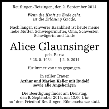 Anzeige von Alice Glaunsinger von Reutlinger Generalanzeiger