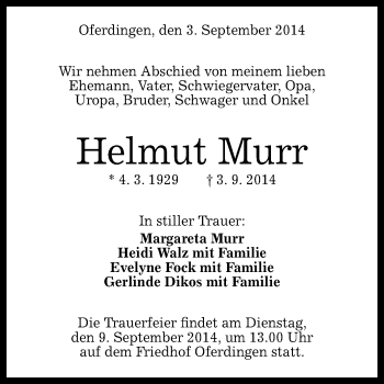 Anzeige von Helmut Murr von Reutlinger Generalanzeiger