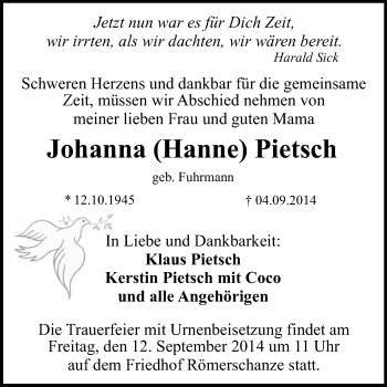 Anzeige von Johanna Pietsch von Reutlinger Generalanzeiger