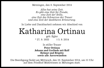 Anzeige von Katharina Ortinau von Reutlinger Generalanzeiger