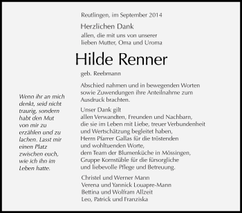 Anzeige von Hilde Renner von Reutlinger Generalanzeiger