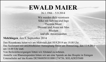 Anzeige von Ewald Maier von Reutlinger Generalanzeiger