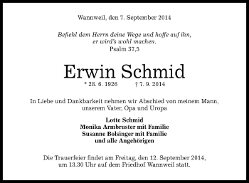 Anzeige von Erwin Schmid von Reutlinger Generalanzeiger