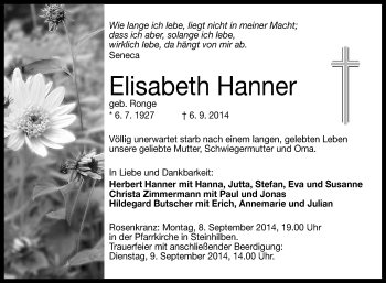 Anzeige von Elisabeth Hanner von Reutlinger Generalanzeiger