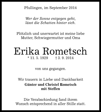 Anzeige von Erika Rometsch von Reutlinger Generalanzeiger