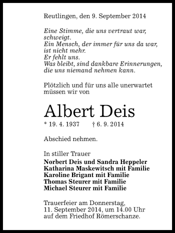 Anzeige von Albert Deis von Reutlinger Generalanzeiger
