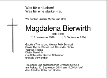 Anzeige von Magdalena Bierwirth von Reutlinger Generalanzeiger