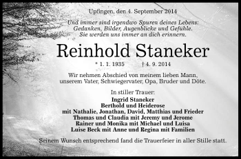 Anzeige von Reinhold Staneker von Reutlinger Generalanzeiger