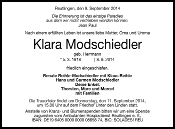Anzeige von Klara Modschiedler von Reutlinger Generalanzeiger