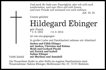 Anzeige von Hildegard Ebinger von Reutlinger Generalanzeiger