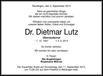 Anzeige von Dietmar Lutz von Reutlinger Generalanzeiger