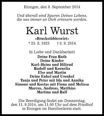 Anzeige von Karl Wurst von Reutlinger Generalanzeiger