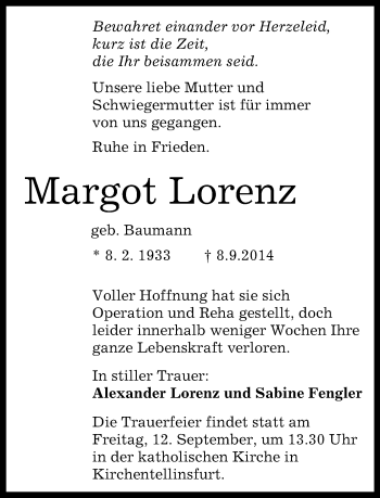 Anzeige von Margot Lorenz von Reutlinger Generalanzeiger