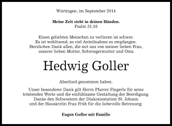 Anzeige von Hedwig Goller von Reutlinger Generalanzeiger