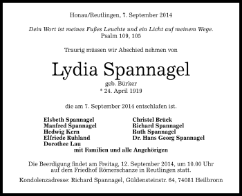 Anzeige von Lydia Spannagel von Reutlinger Generalanzeiger