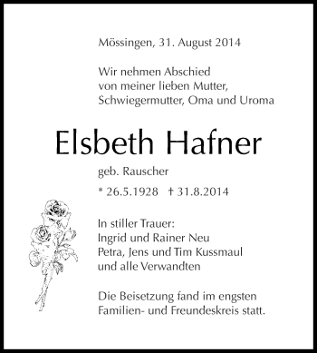 Anzeige von Elsbeth Hafner von Reutlinger Generalanzeiger