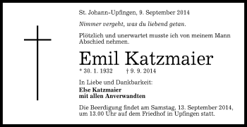 Anzeige von Emil Katzmaier von Reutlinger Generalanzeiger