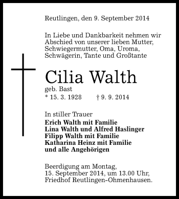 Anzeige von Cilia Walth von Reutlinger Generalanzeiger