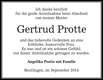 Anzeige von Gertrud Protte von Reutlinger Generalanzeiger