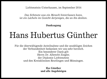 Anzeige von Hans Hubertus Günther von Reutlinger Generalanzeiger