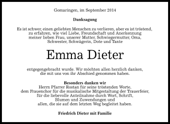 Anzeige von Emma Dieter von Reutlinger Generalanzeiger