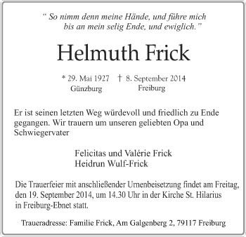 Anzeige von Helmuth Frick von Reutlinger Generalanzeiger