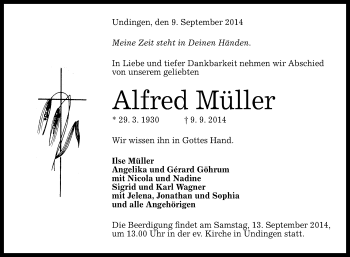 Anzeige von Alfred Müller von Reutlinger Generalanzeiger