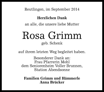 Anzeige von Rosa Grimm von Reutlinger Generalanzeiger