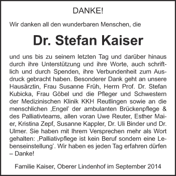 Anzeige von Stefan Kaiser von Reutlinger Generalanzeiger