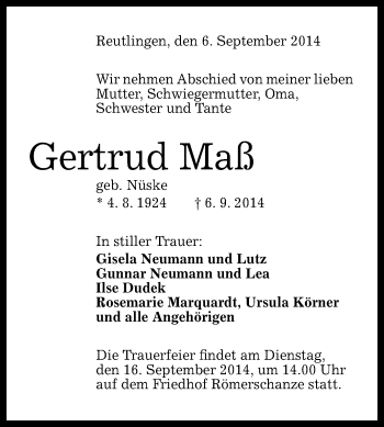 Anzeige von Gertrud Maß von Reutlinger Generalanzeiger