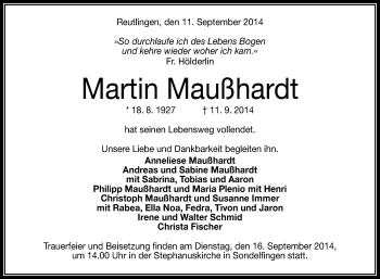 Anzeige von Martin Maußhardt von Reutlinger Generalanzeiger
