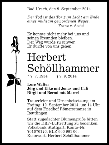 Anzeige von Herbert Schöllhammer von Reutlinger Generalanzeiger