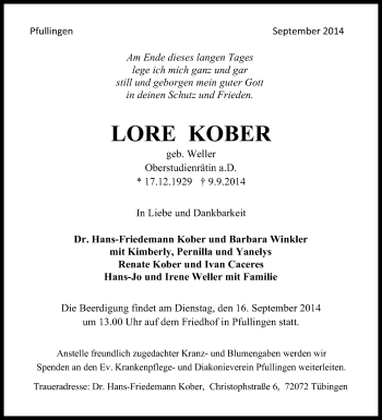 Anzeige von Lore Kober von Reutlinger Generalanzeiger