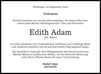 Anzeige von Edith Adam von Reutlinger Generalanzeiger