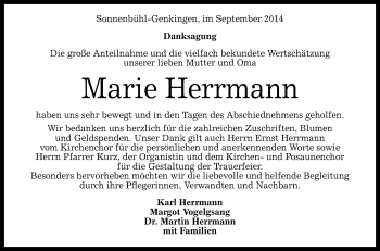 Anzeige von Marie Herrmann von Reutlinger Generalanzeiger